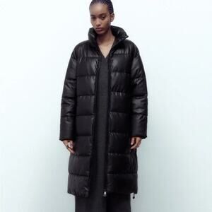 ZARA Faux Leather Long Puffer Coat - M Black